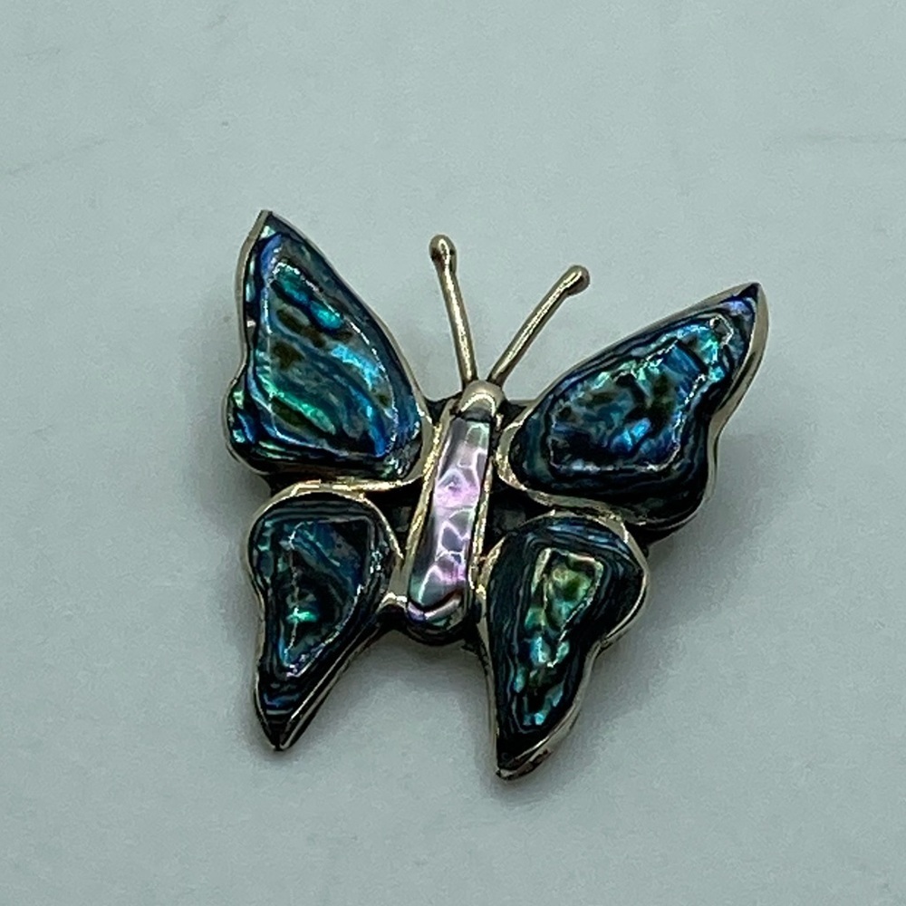 VTG Abalone & Alpaca Silver Butterfly Brooch 1” x 1.1”